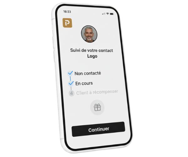 Interface de suivi des mises en relation avec avancement, signature et récompense dans une solution d’apport d’affaires et de parrainage
